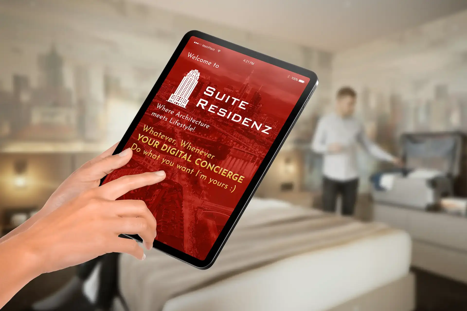 Digitaler Concierge auf einem Tablet in der Suite Residenz – smarter Gästeservice und Informationen im Serviced Apartment