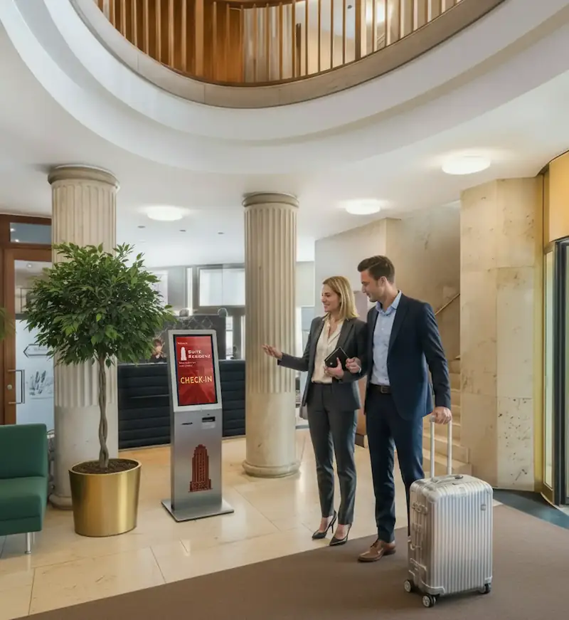 Modernes Check-in Terminal im Main Plaza – kontaktloser und flexibler 24/7 Check-in für Gäste der Suite Residenz